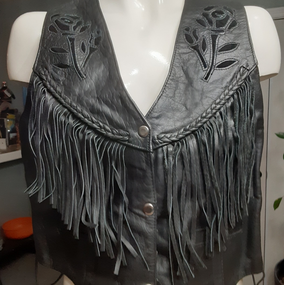 Vintage Hudson Leather Motorcycle Biker Vest Black Fringe Rose's Medium